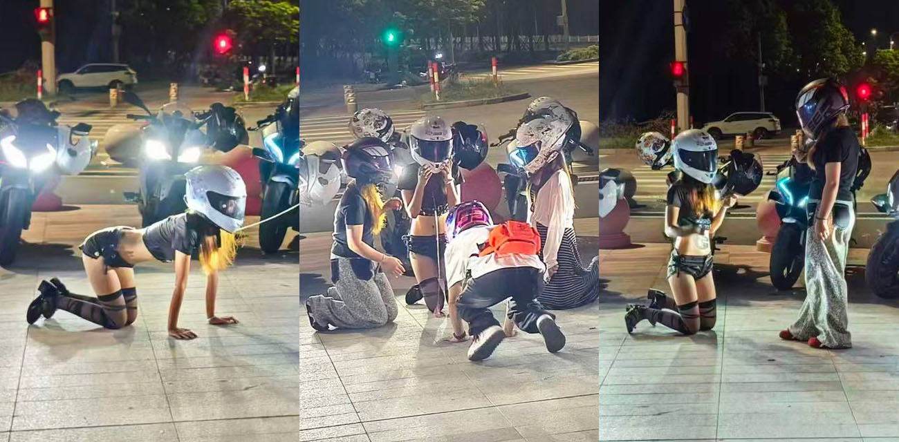 重庆街头SM调教热门吃瓜事件 纹身机车少女被拴上狗链 拉去户外调教跪地爬行