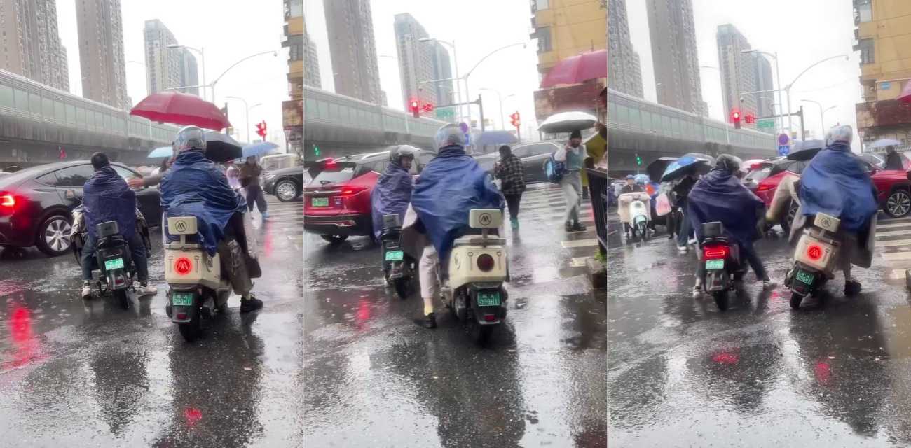 雨天路口电动车堵成一团 路怒男下车发飙直接被按在地上狠打 现场反转从狂吼到最后瘫软动不了