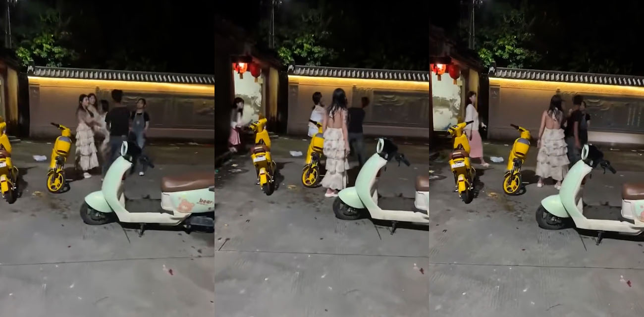 大哥跟小仙女发生冲突 直接当街一打四画面异常精彩 最后双拳难敌8手还是被打倒在地