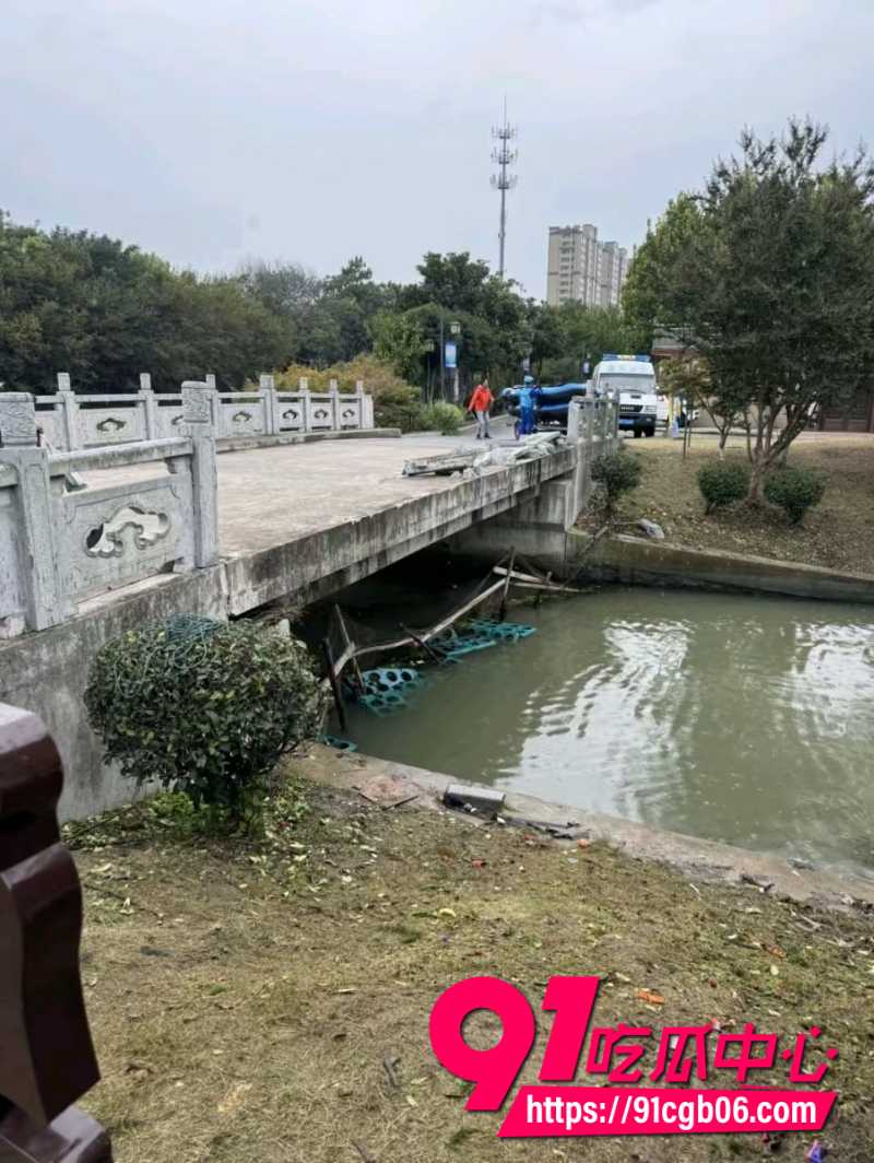 江苏扬州房车撞断桥栏杆冲入小河7