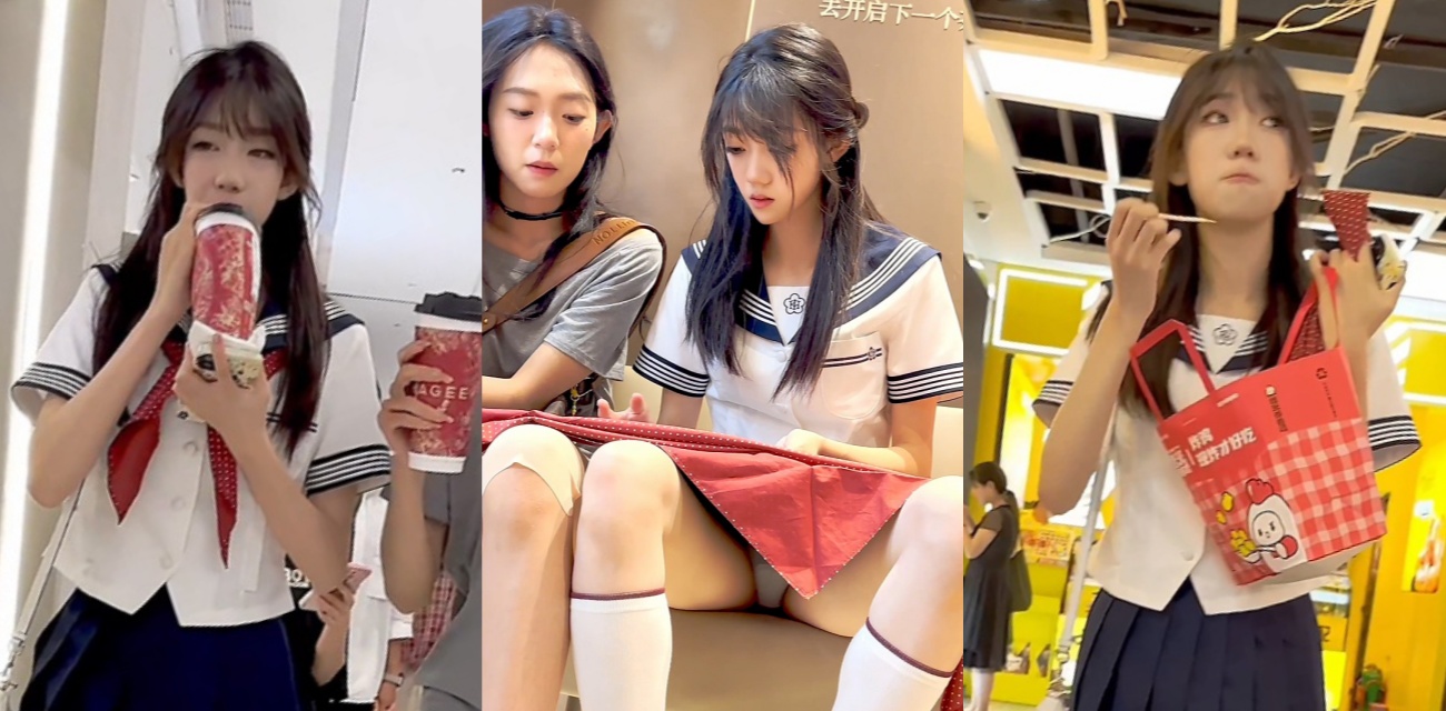 KFC商场抄底JK水手服超美学生妹 短裙M字腿劈开露蓝色内裤 修长美腿裙底臀部风光尽显